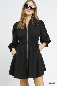 UMGEE Front Zip Smocked Waist Mini Dress In Black