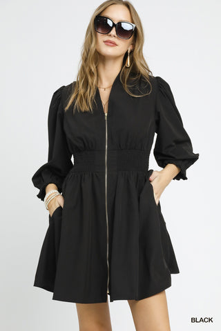 UMGEE Front Zip Smocked Waist Mini Dress In Black
