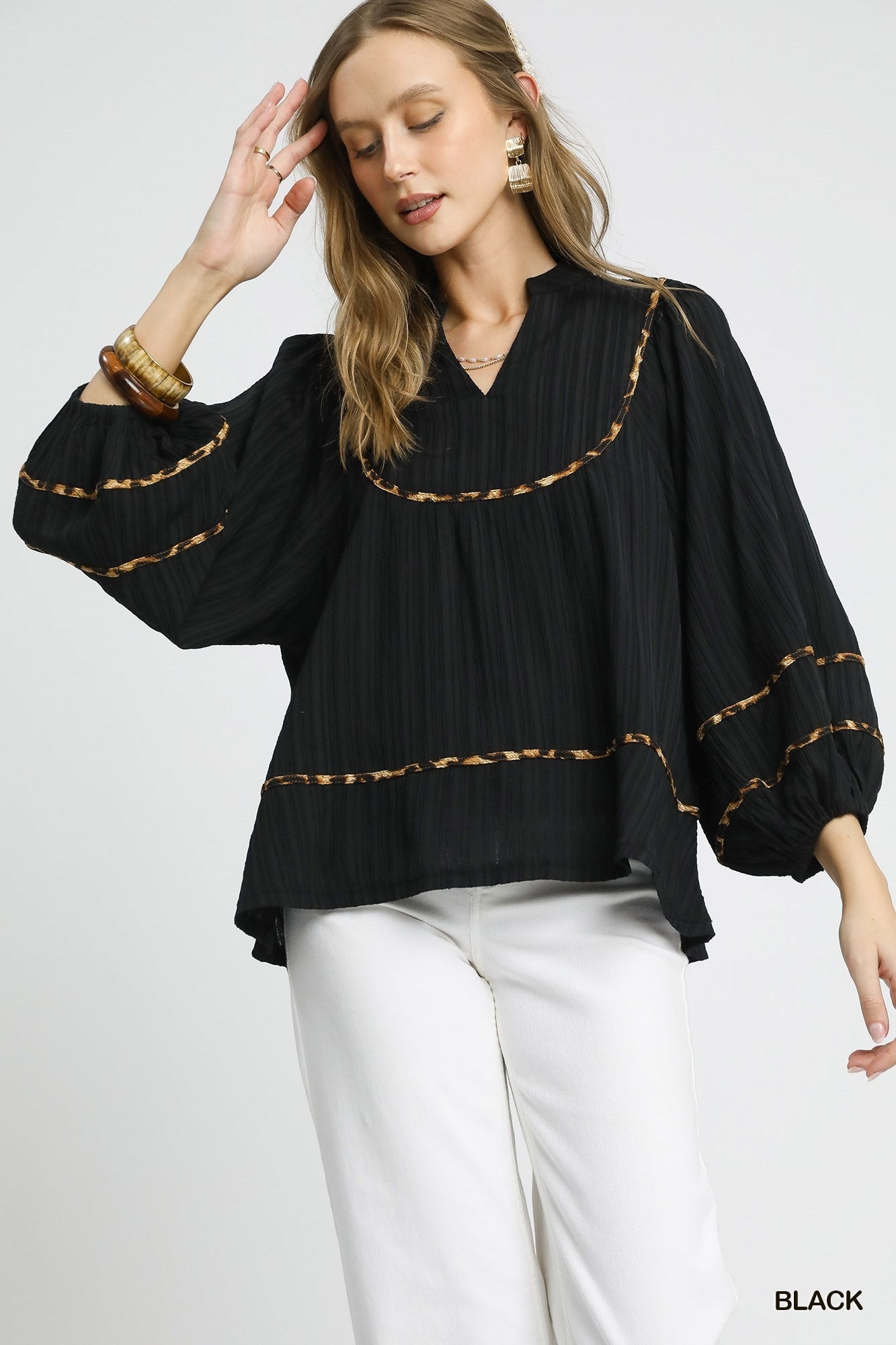 UMGEE Animal Print Trim Top In Black