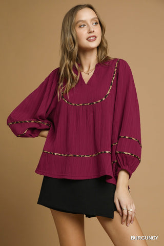 UMGEE Animal Print Trim Top In Burgundy