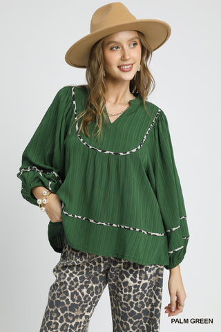 UMGEE Animal Print Trim Top In Palm Green