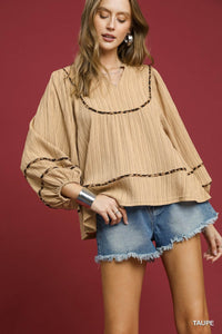 UMGEE Animal Print Trim Top In Taupe
