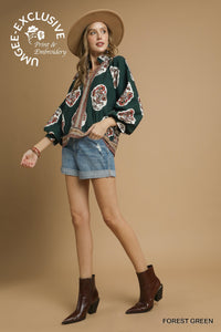 Umgee Boho Print Top In Forest Green