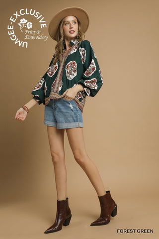 Umgee Boho Print Top In Forest Green