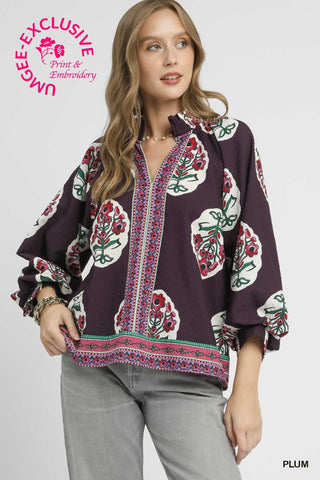 Umgee Boho Floral Print Tunic Top In Plum