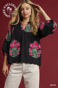 Umgee Bubble Sleeve V Neck Tulip Print Top In Black *COMING SOON*