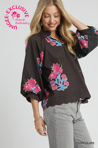 Umgee Bubble Sleeve V Neck Tulip Print Top In Chocolate *COMING SOON*