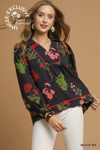Umgee Floral Textured Collared Top In Black *COMING SOON*