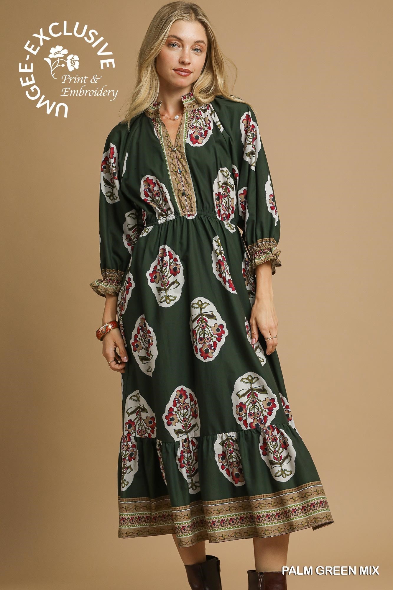 UMGEE Flower Patch Boarder Print V Neck Midi Dress In Palm Green Mix