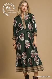 UMGEE Flower Patch Boarder Print V Neck Midi Dress In Palm Green Mix