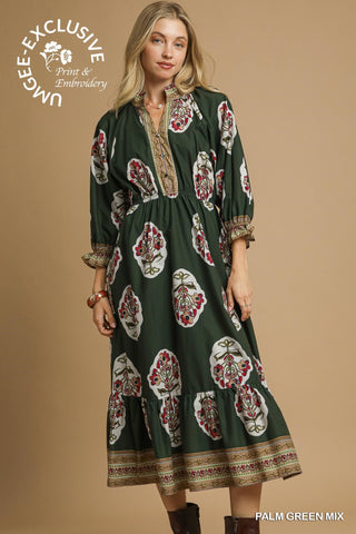 UMGEE Flower Patch Boarder Print V Neck Midi Dress In Palm Green Mix