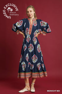 UMGEE Flower Patch Boarder Print V Neck Midi Dress In Midnight Mix
