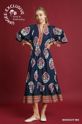 UMGEE Flower Patch Boarder Print V Neck Midi Dress In Midnight Mix