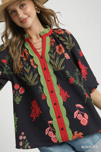 Umgee Mix Floral Textured Blouse With Scalloped Trim In Black *COMING SOON*