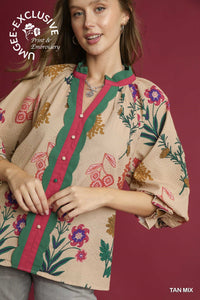 Umgee Mix Floral Textured Blouse With Scalloped Trim In Tan *COMING SOON*