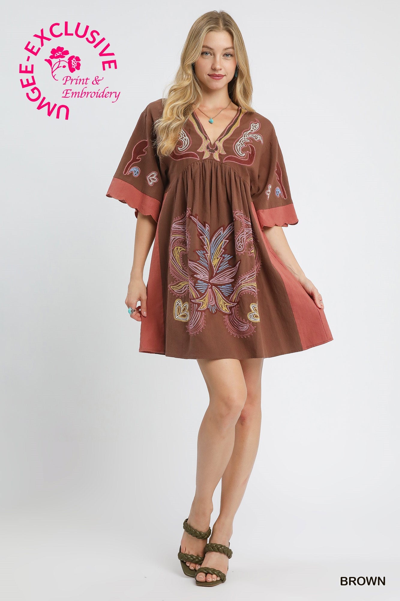 Umgee Embroidered Boho Tunic Dress In Brown  *COMING SOON*