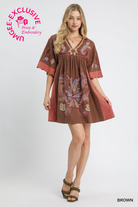 Umgee Embroidered Boho Tunic Dress In Brown  *COMING SOON*