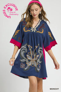 Umgee Embroidered Boho Tunic Dress In Midnight  *COMING SOON*