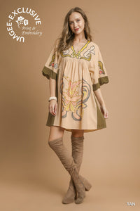 Umgee Embroidered Boho Tunic Dress In Tan  *COMING SOON*