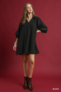 Umgee Split V Neck Dress With Puff Sleeve In Black *COMING SOON*