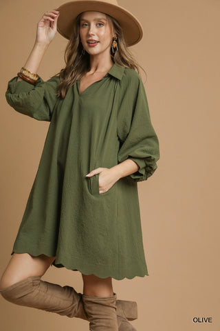 Umgee Split V Neck Dress With Puff Sleeves In Olive *COMING SOON*
