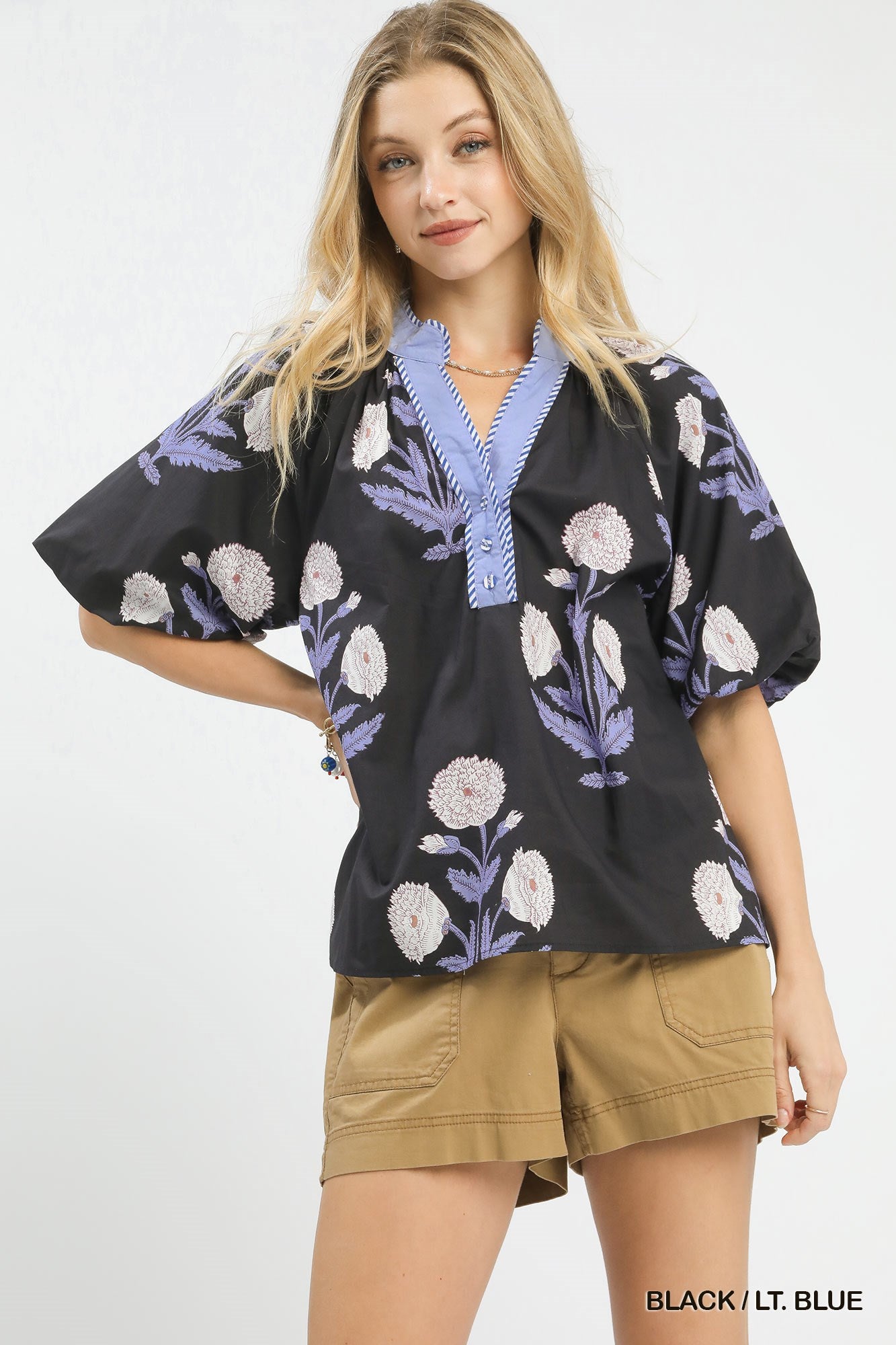 Umgee Floral Print V Neck Top In Black & Light Blue *COMING SOON*