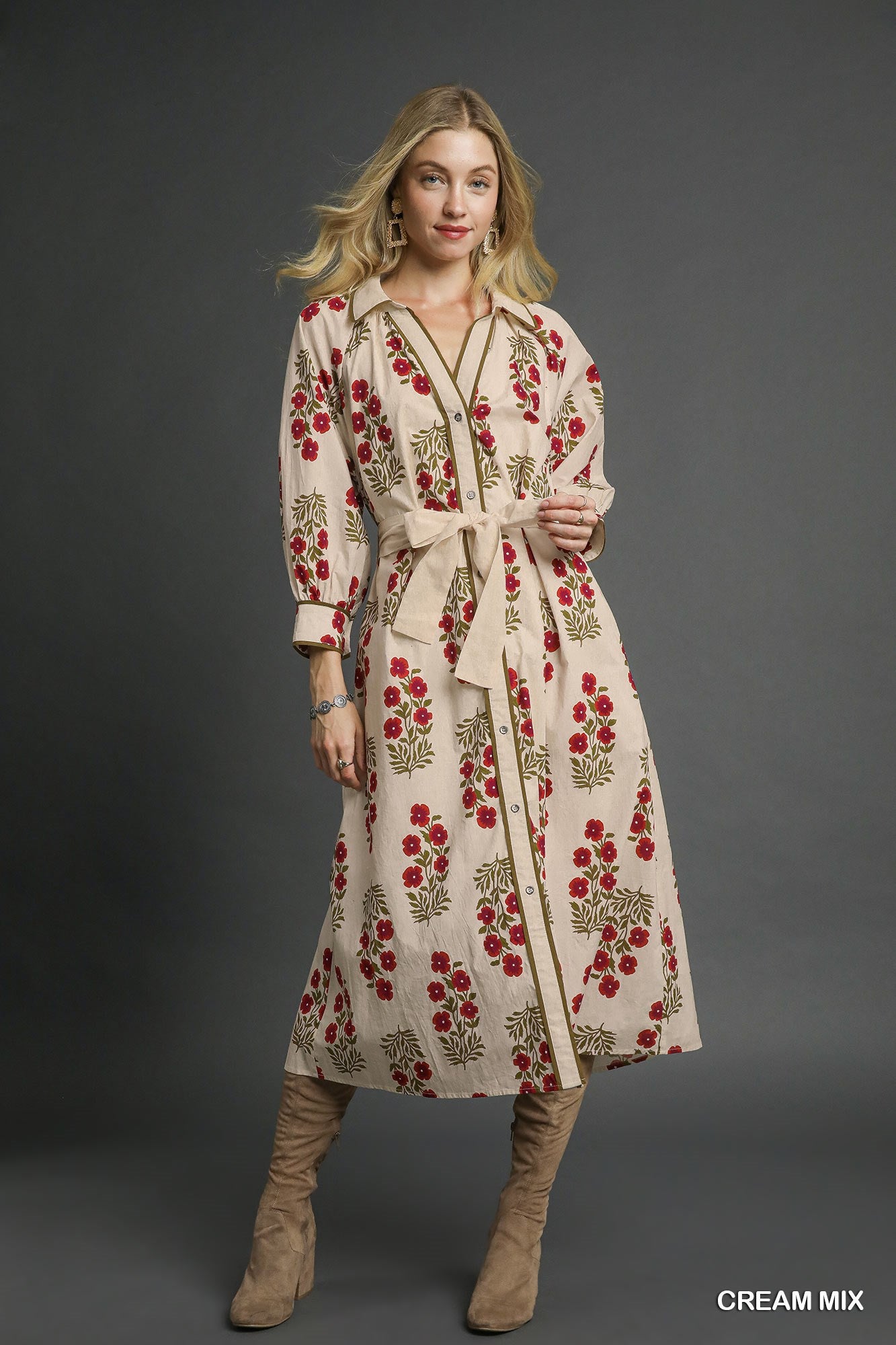 Umgee Floral Button Front Maxi Shirt Dress In Cream *COMING SOON*