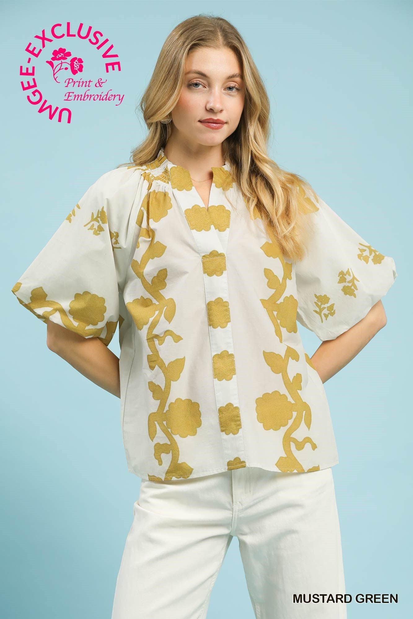 Umgee Print Smocked Collar Top In Mustard
