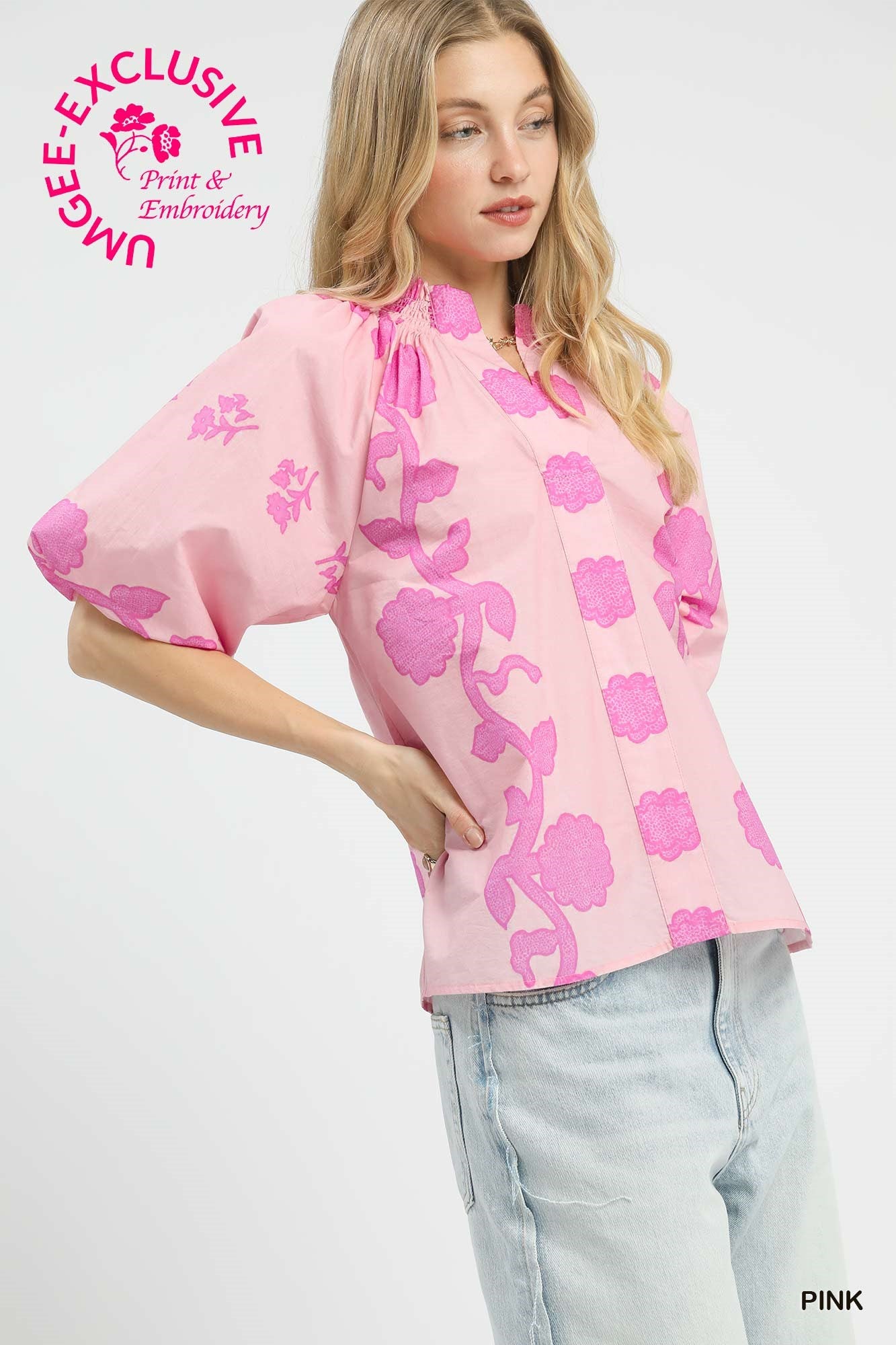 Umgee Print Smocked Collar Top In Pink