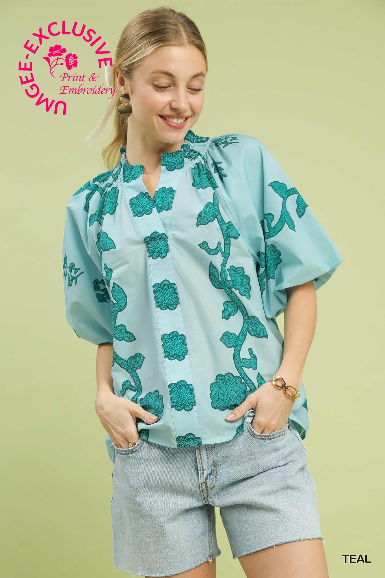 Umgee Print Smocked Collar Top In Teal