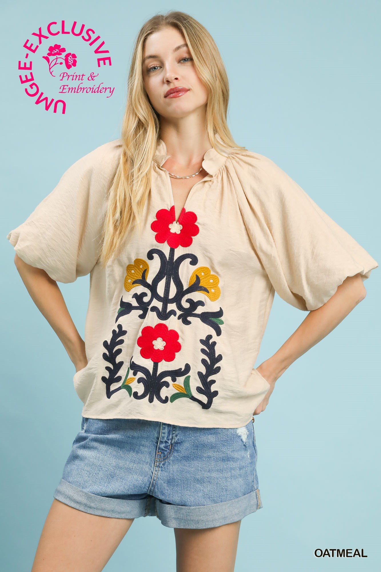Umgee Embroidered Boho Top In Oatmeal *COMING SOON*