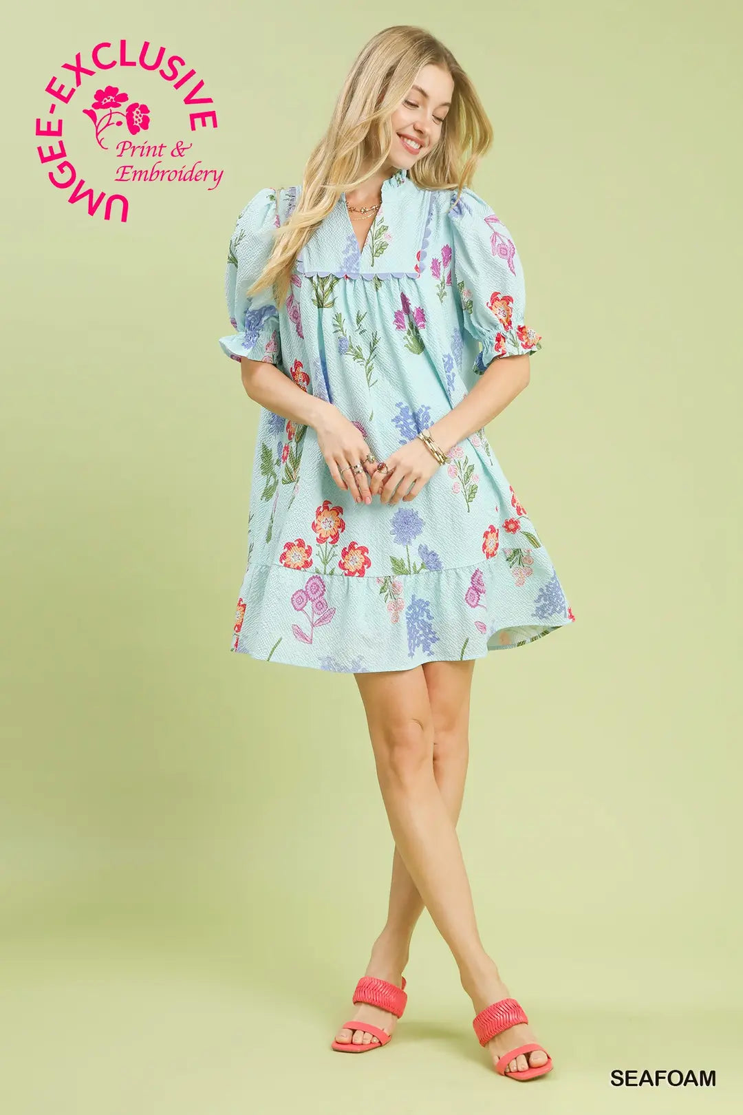 UMGEE Multi Flower Print V Neck Dress In Seafoam