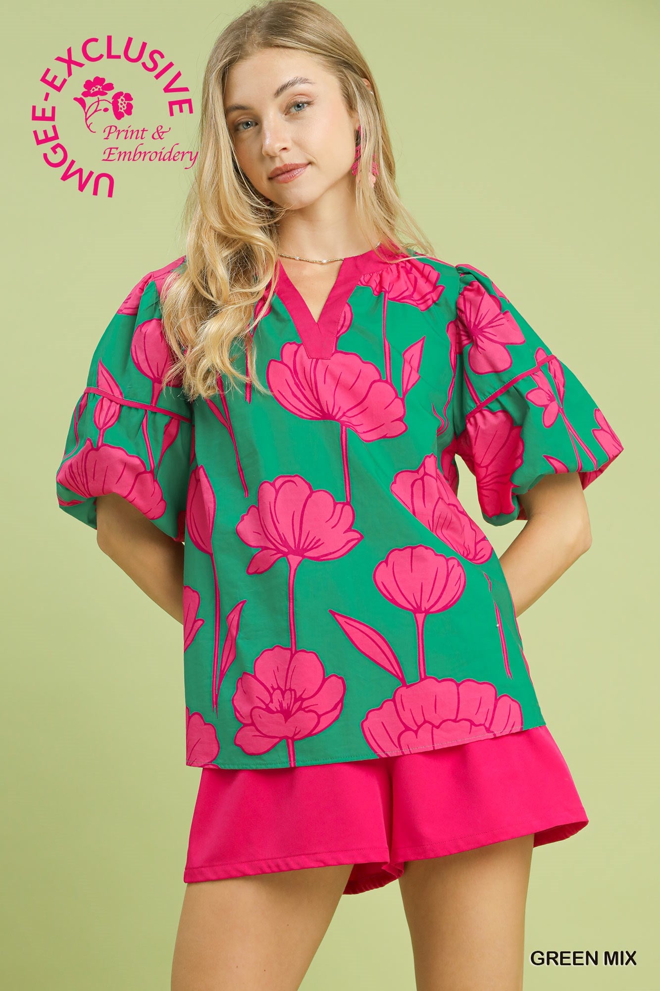 Umgee Floral Puff Sleeve Top In Green Mix