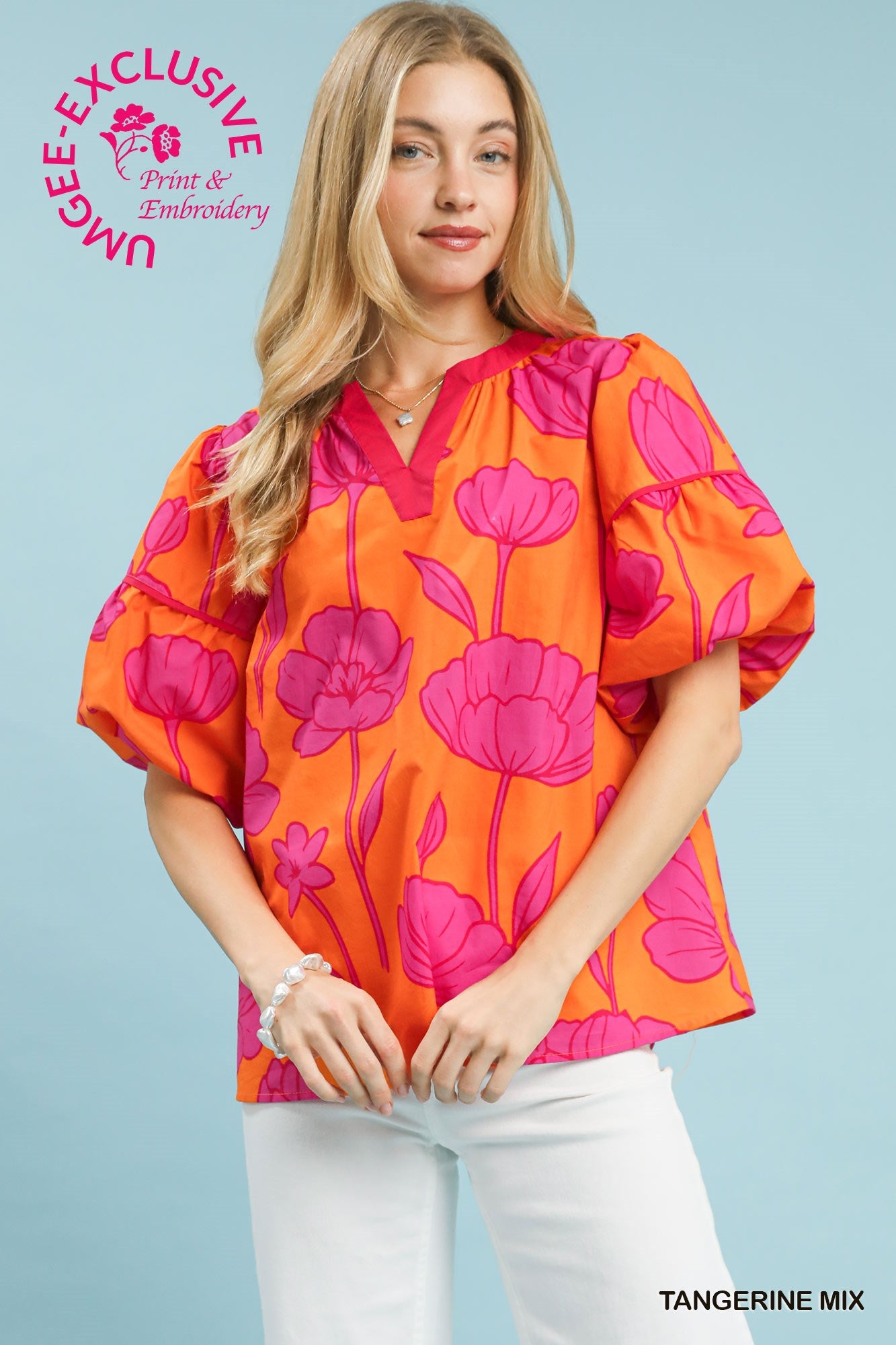 Umgee Floral Puff Sleeve Top In Tangerine Mix