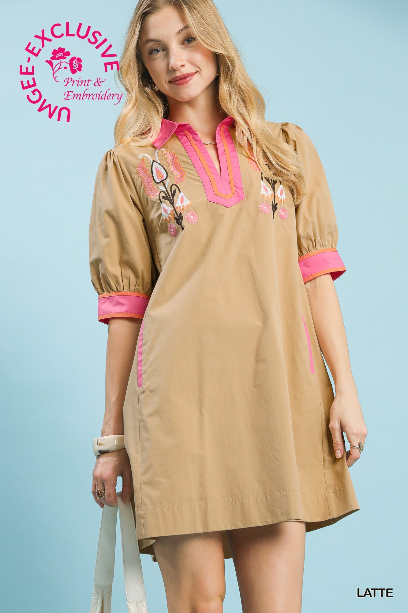 Umgee Embroidered Contrast Trim Tunic Dress In Latte