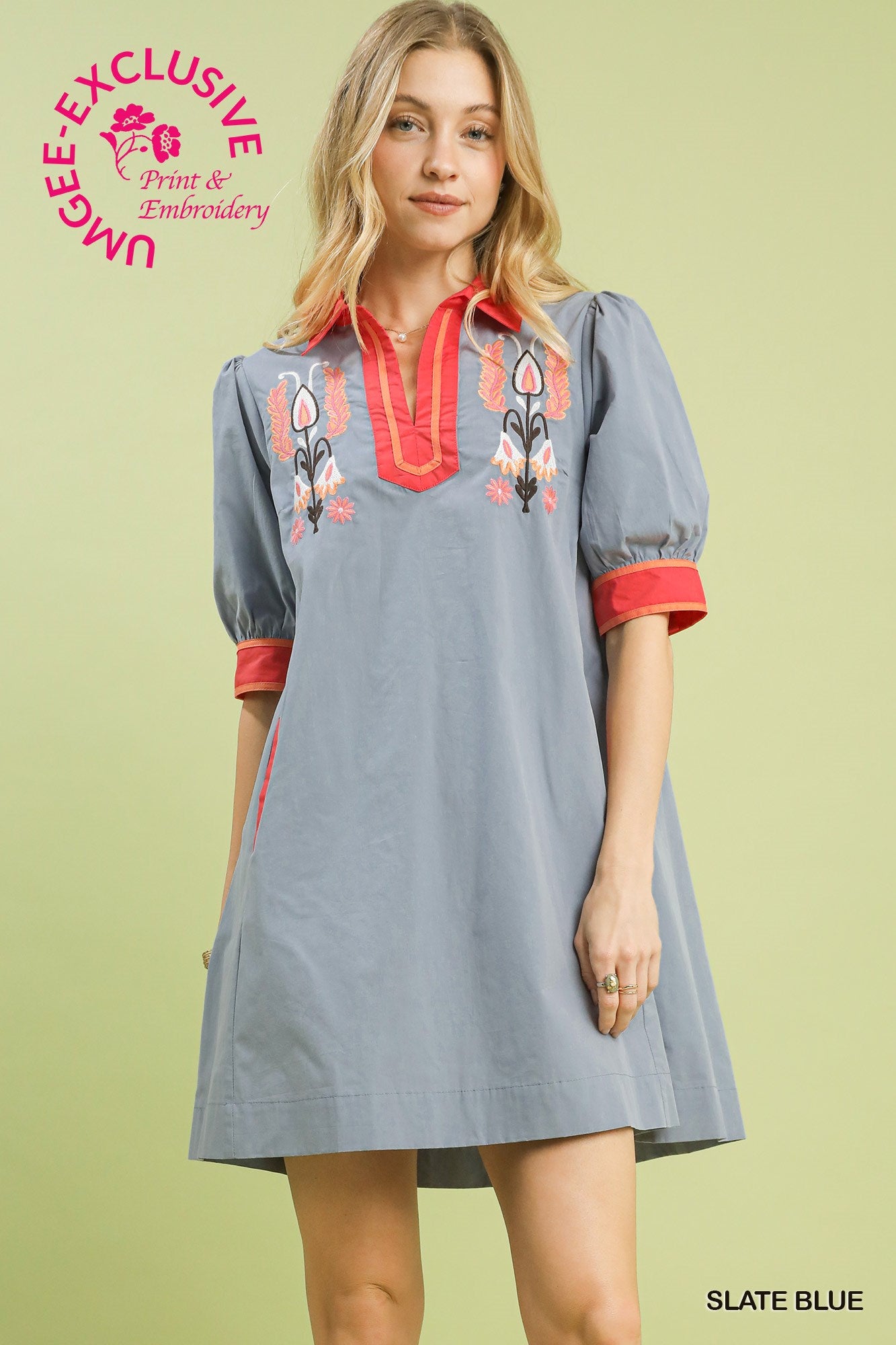 Umgee Embroidered Contrast Trim Tunic Dress In Slate Blue