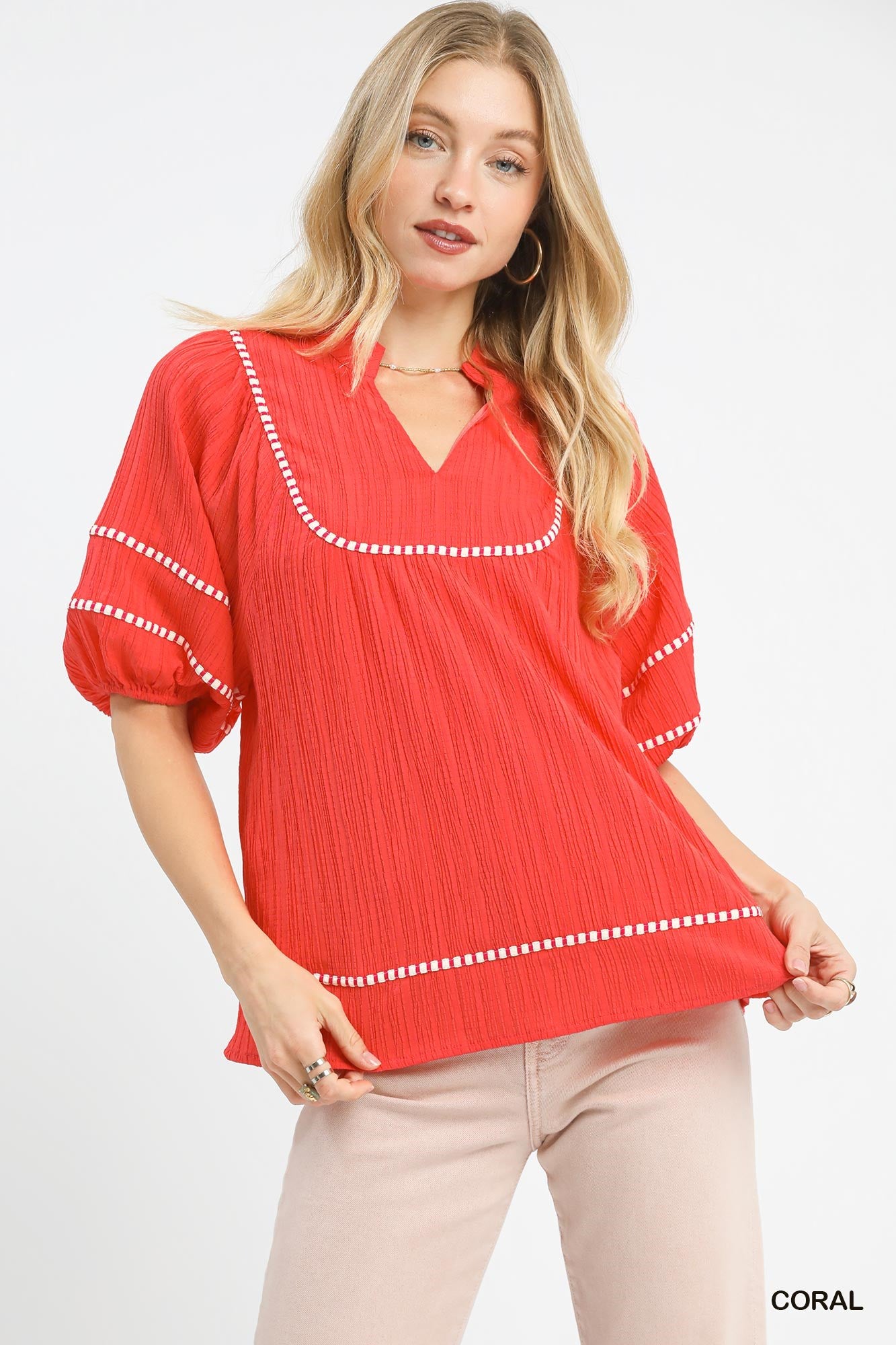 Umgee Textured Top With Contrast Trim In Coral *COMING SOON*