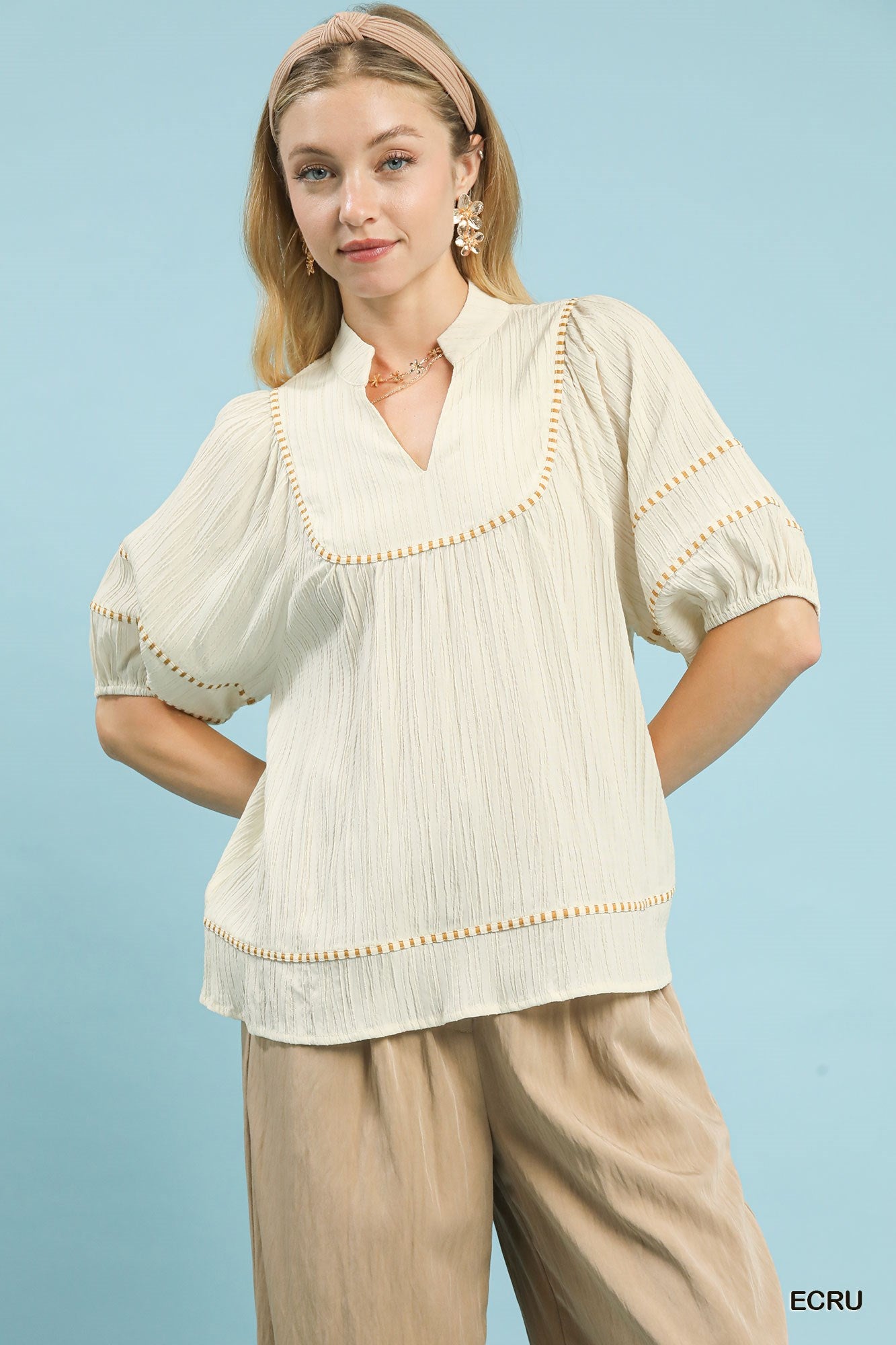 Umgee Textured Top With Contrast Trim In Ecru *COMING SOON*