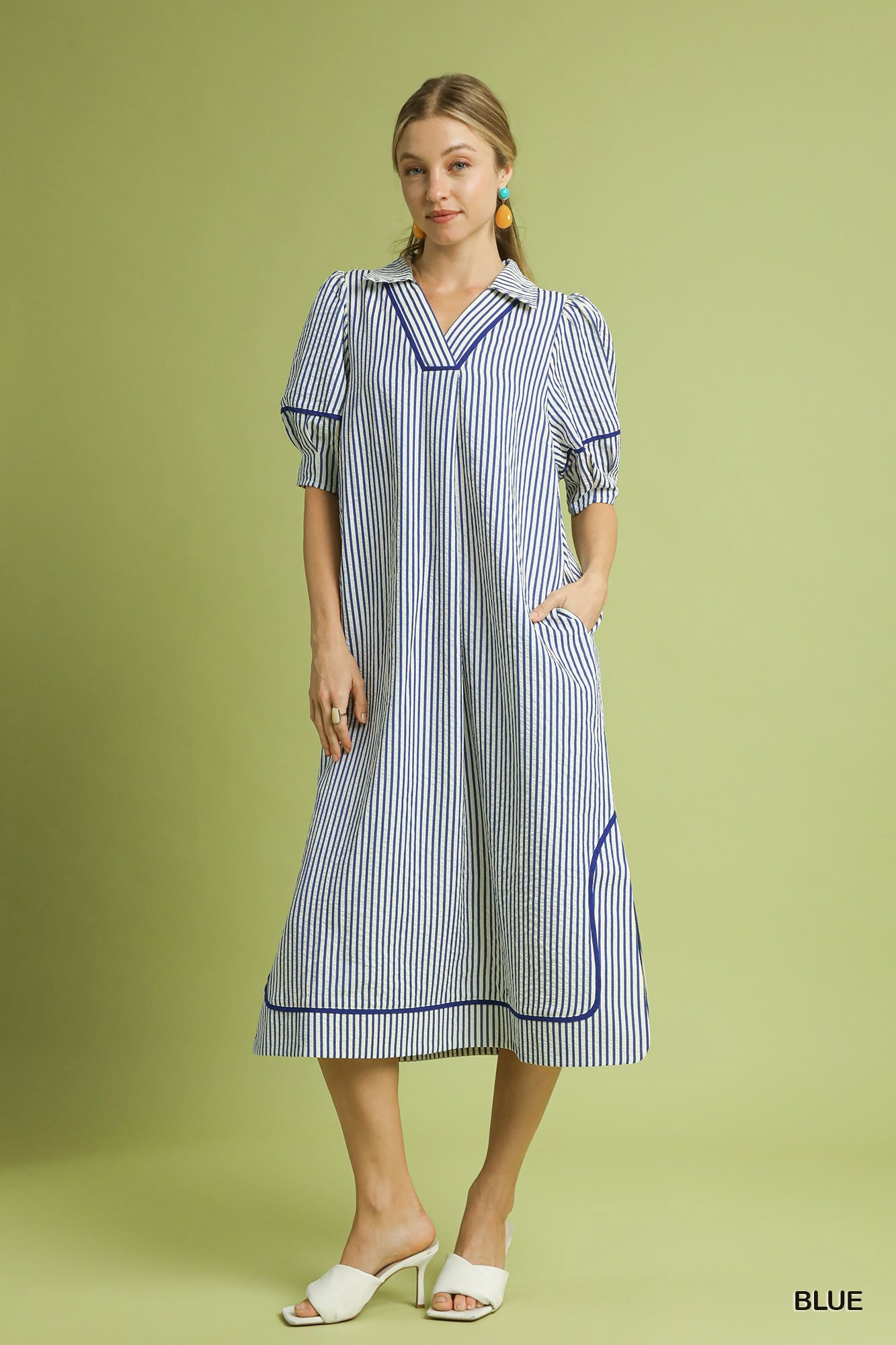 Umgee Striped Midi Dress With Puff Sleeves In Blue *COMING SOON*