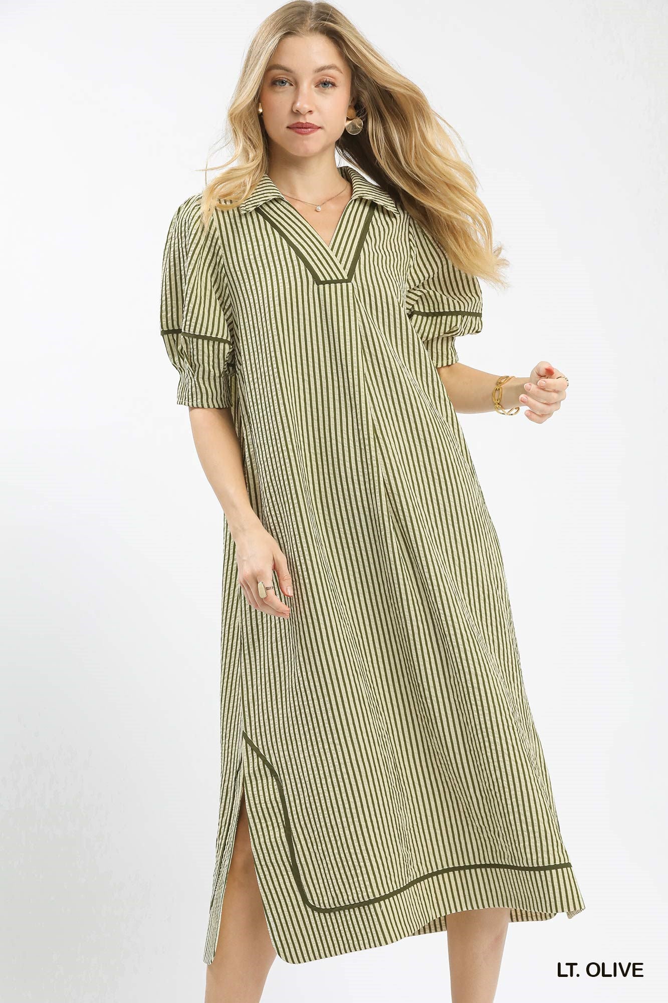 Umgee Striped Midi Dress With Puff Sleeves In Light Olive *COMING SOON*