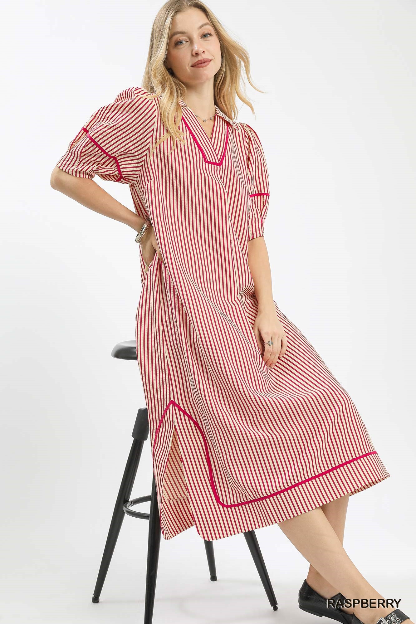Umgee Striped Midi Dress With Puff Sleeves In Raspberry *COMING SOON*