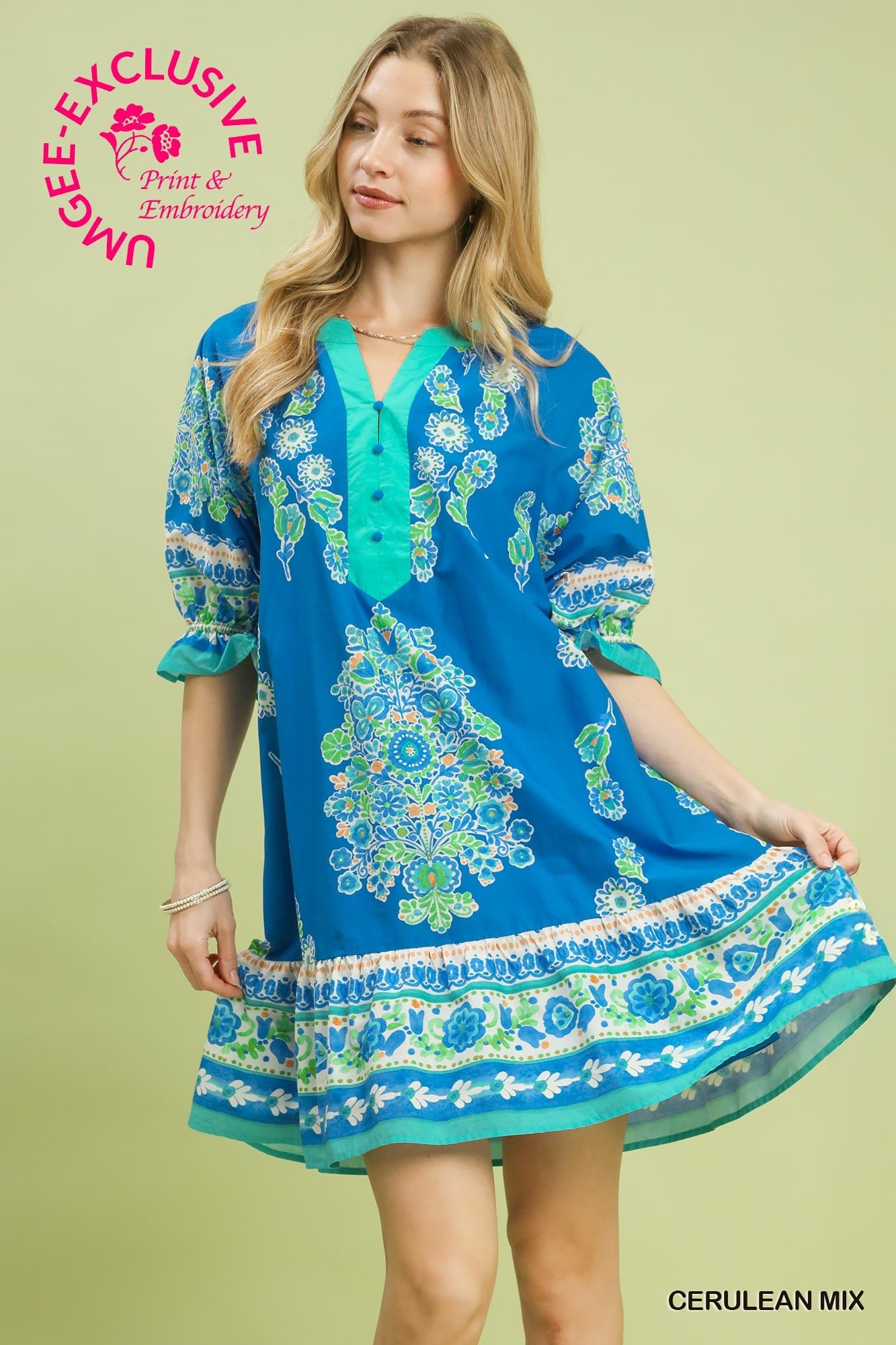 Umgee Printed Henley Tiered Mini Dress In Cerulean Mix *COMING SOON*