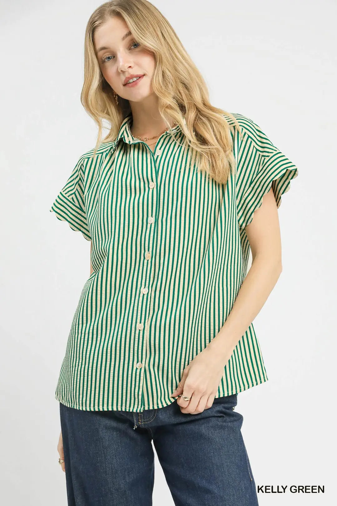UMGEE Striped Button Down With Scalloped Sleeves In Kelly Green