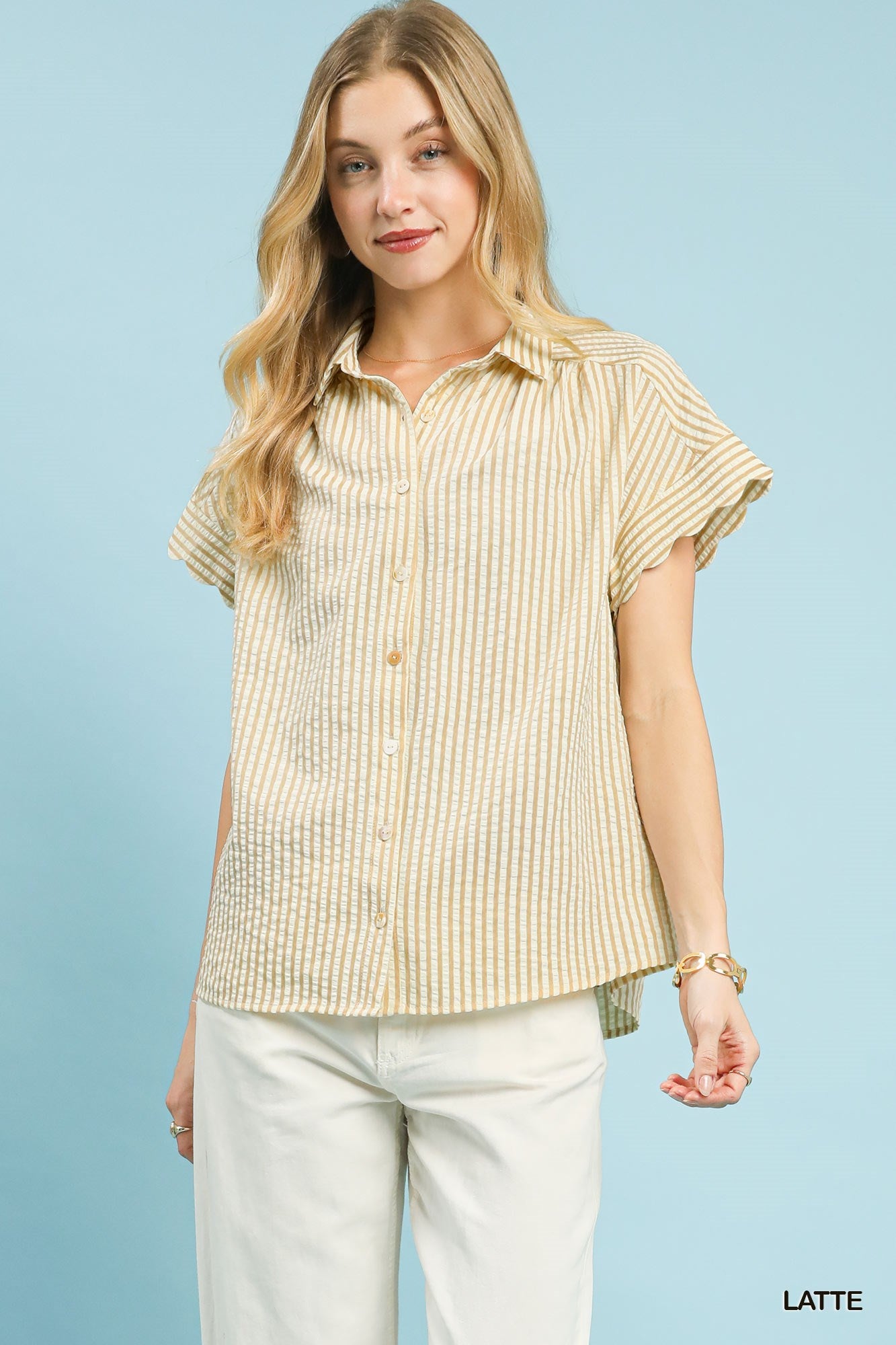 UMGEE Striped Button Down Top With Scalloop Sleeves In Latte