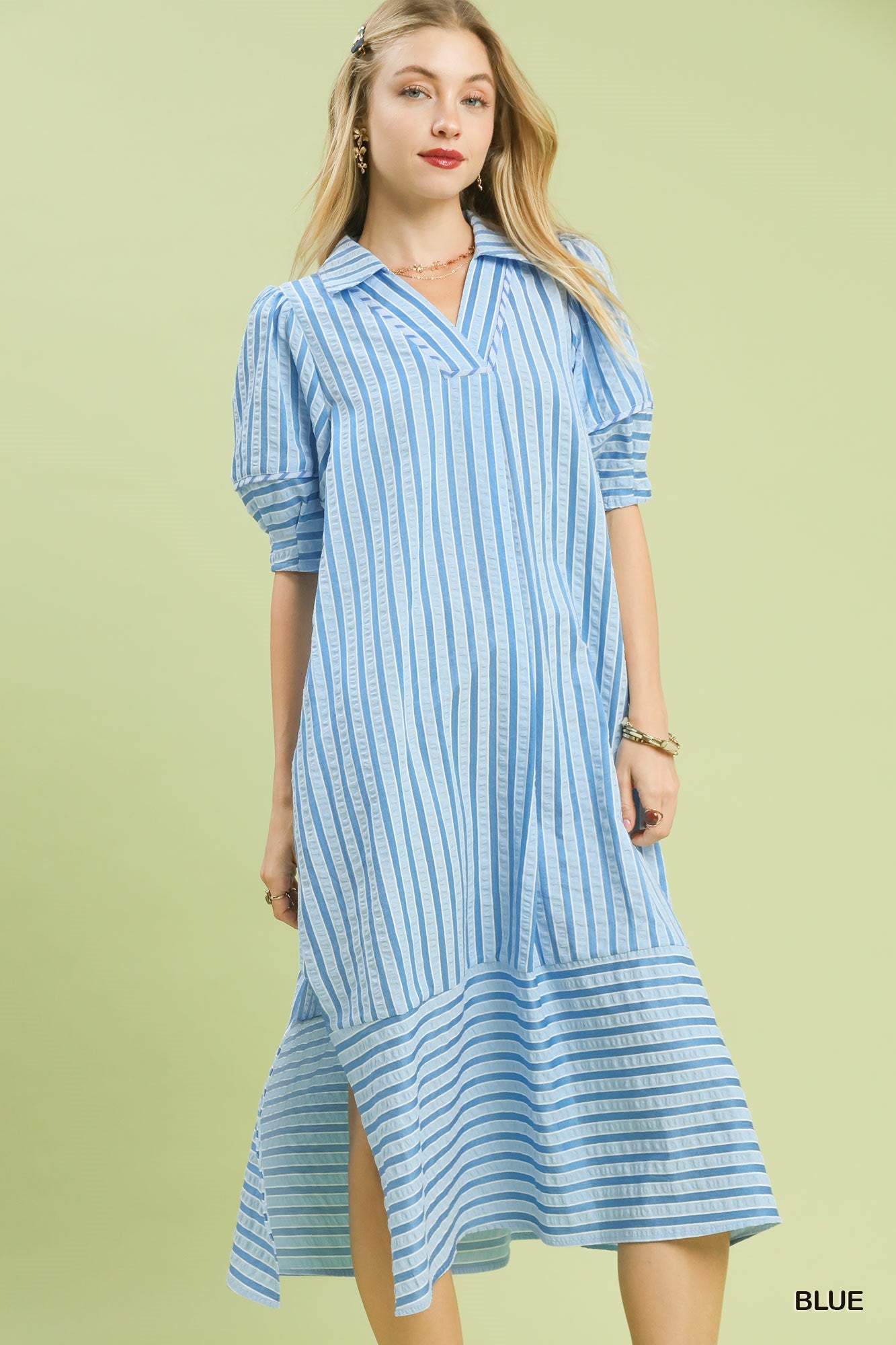 Umgee Striped Puff Sleeve Midi Dress In Blue