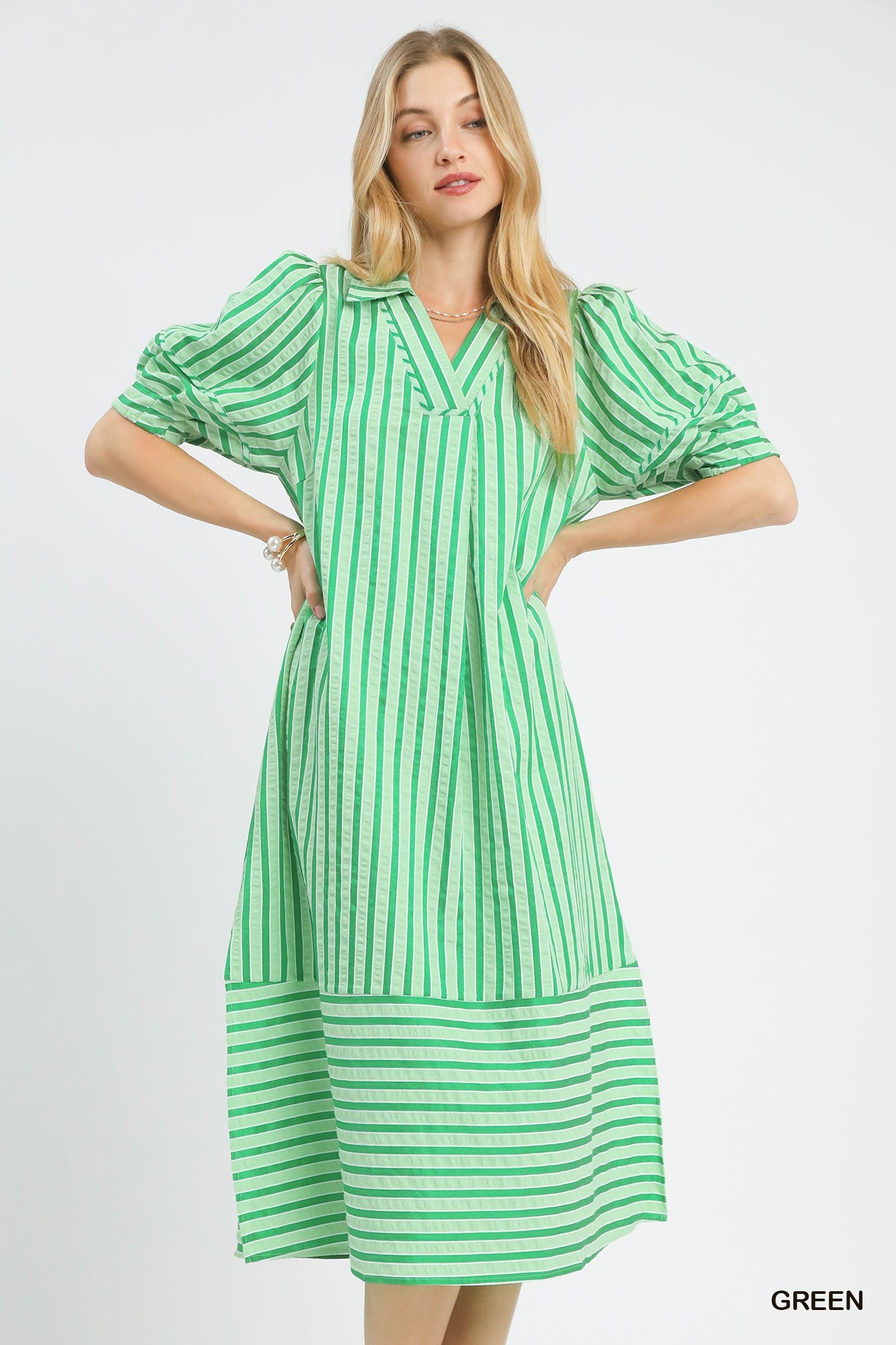 Umgee Striped Puff Sleeve Midi Dress In Green *COMING SOON*