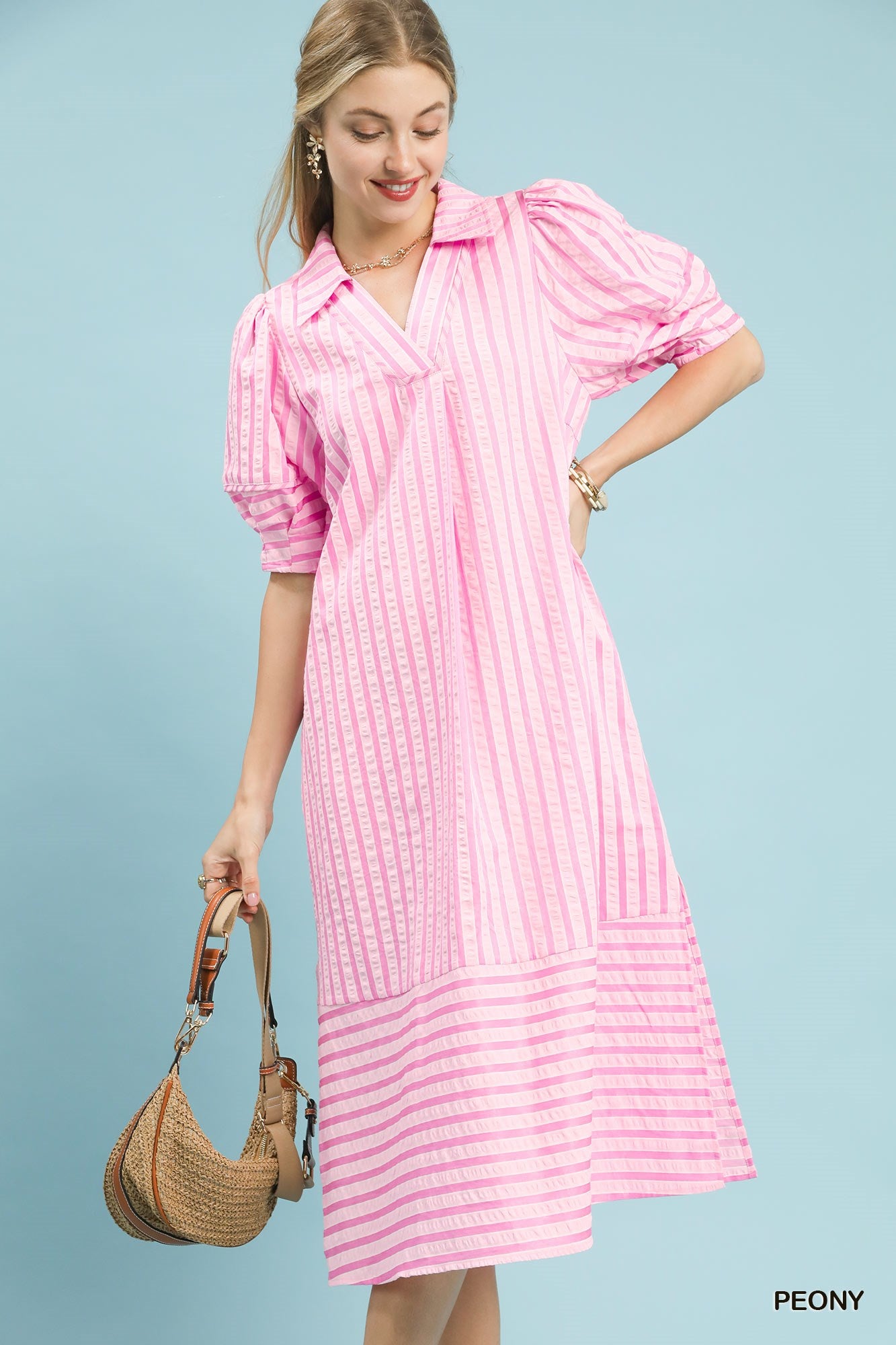 Umgee Striped Puff Sleeve Midi Dress In Pink *COMING SOON*