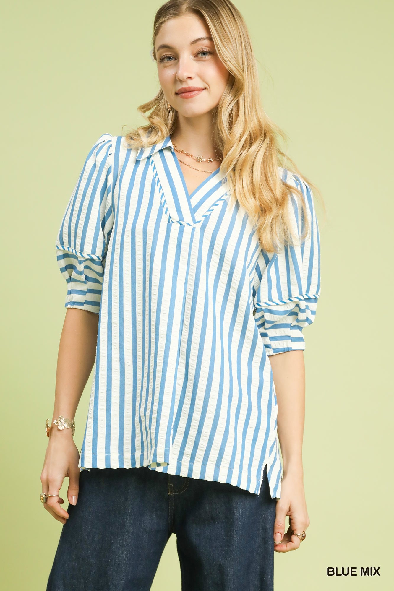 Umgee Striped Puff Sleeve Top With Wide Collar In Blue