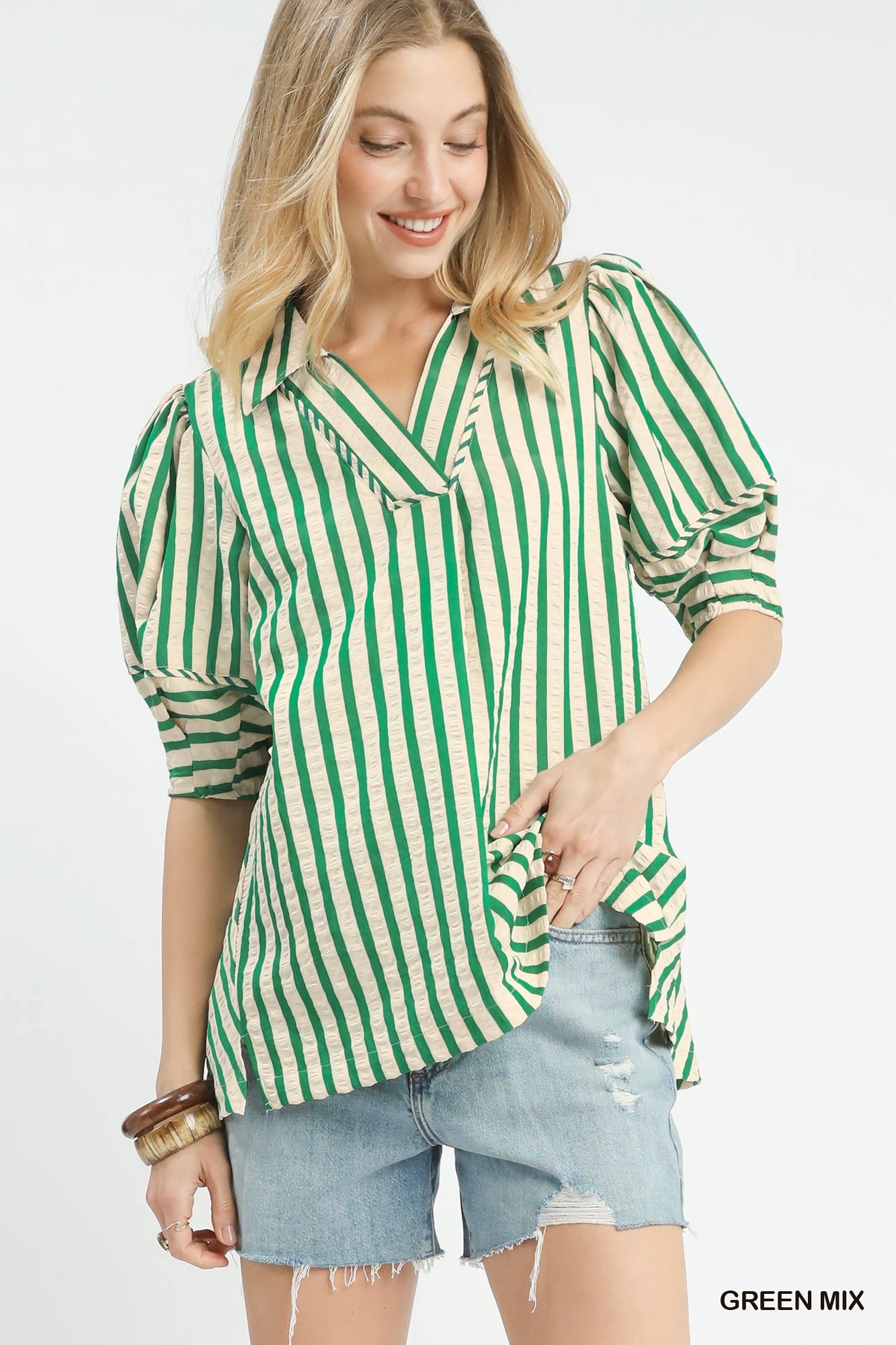 Umgee Striped Puff Sleeve Top With Wide Collar In Green