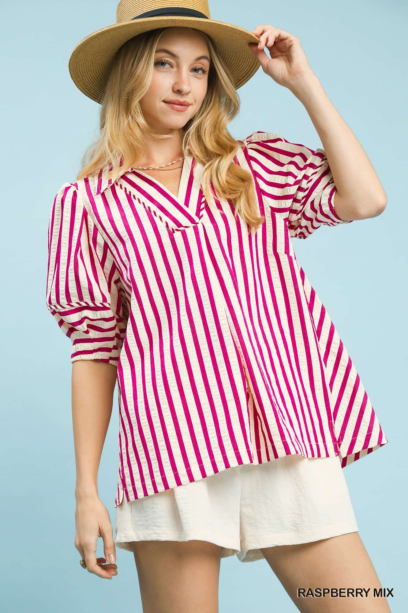 Umgee Striped Puff Sleeve Top With Wide Collar In Raspberry